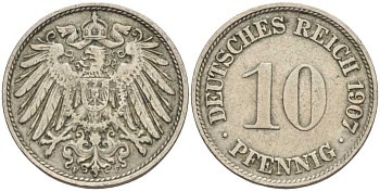 Германия 10 пфеннигов 1907 F KM 12, J. 13, Weege 8 медно-никель 34-1015