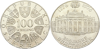 Австрия 100 шиллингов 1976 200 лет общественному театру KM 2930 серебро UNC 02-118-23