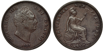 Великобритания 1/3 фартинга 1835 Вильгельм IV (1830-1837) KM 721, Spink 3850 медь 188-447
