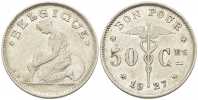 БЕЛЬГИЯ 50 САНТИМОВ 1927 BELGIQUE KM 87 никель 261-1617