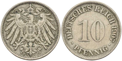 Германия 10 пфеннигов 1907 F KM 12, J. 13, Weege 8 медно-никель 34-1015