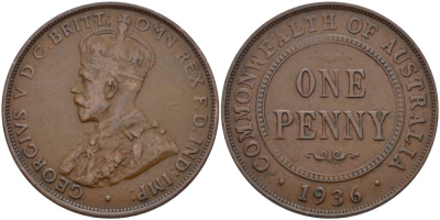 АВСТРАЛИЯ 1 ПЕННИ 1936 ГЕОРГ V (1910-1936) KM 23 бронза 82-736