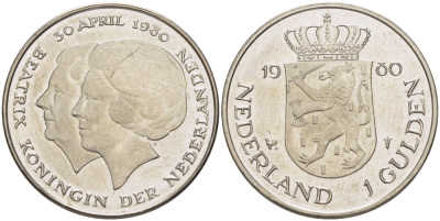 Нидерланды 1 гульден 1980 на коронацию Беатрикс, 30 апреля 1980 KM 200 никель 31-841