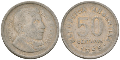 Аргентина 50 сентаво 1955 генерал Хосе де Сан Мартин KM?49, CJ?226, Schon?52 сталь плакированная никелем 4513-1012