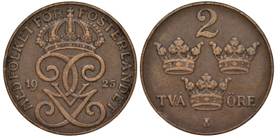 Швеция 2 эре 1925 Густав V (1907-1950) KM 778 бронза 113-723
