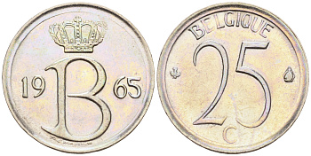 Бельгия 25 сантимов 1965 Belgique, Бодуэн I (1951-1993) KM 153.1 медно-никель 4588-463