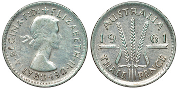 Австралия 3 пенса 1961 m, Елизавета II (1952-2022) KM 57 серебро 71-727