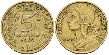 Франция 5 сантимов 1966 KM 933 алюминиевая бронза 4596-648