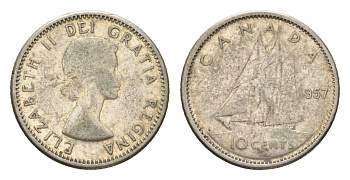 Канада 10 центов 1957 Елизавета II (1952-2022), парусник KM 51 серебро 99-754