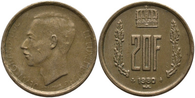 Люксембург 20 франков 1980 герцог Жан (1964-1999) KM 58 алюминиевая бронза 4171-656