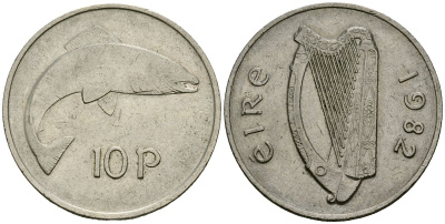 Ирландия 10 пенсов 1982 лосось KM 23 медно-никель 4137-412