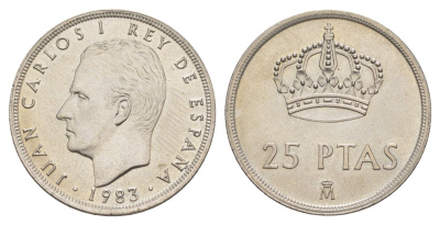 Испания 25 песет 1983 M, Хуан Карлос I (1975-2014) KM 824 медно-никель UNC 4616-1033