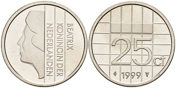 Нидерланды 25 центов 1999 Беатрикс (1980-2013) KM 204 никель UNC 4588-933