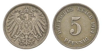 Германия 5 пфеннигов 1914 D, Вильгельм II (1888-1918) KM 11, J. 12 медно-никель 4640-152