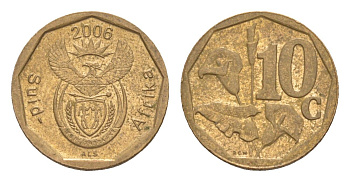 ЮАР 10 центов 2006 герб, цветок алоэ KM 487 сталь плакированная бронзой 4621-1063