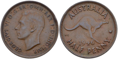 АВСТРАЛИЯ 1/2 ПЕННИ 1946 ГЕОРГ VI, КЕНГУРУ KM 41 бронза 67-1231