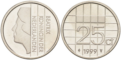 Нидерланды 25 центов 1999 Беатрикс (1980-2013) KM 204 никель UNC 4588-933