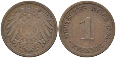 ГЕРМАНИЯ 1 ПФЕННИГ 1893 D KM 10, J. 10, Weege 2 медь 211-157