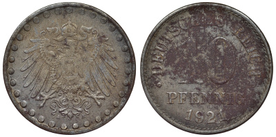Германия 10 пфеннигов 1921 A KM 20, J. 298 железо 4119-127