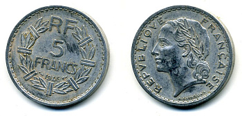 ФРАНЦИЯ 5 ФРАНКОВ 1946 KM 888b.1 алюминий 36-324