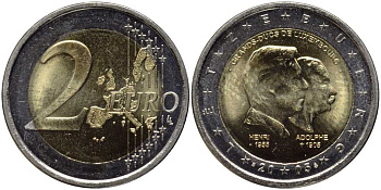 Люксембург 2 евро 2005 50-лет правящему монарху Анри Нассау, 100-летие со дня смерти герцога Люксембургского Адольфа KM 87 биметалл UNC 114-943