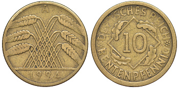 Германия 10 рентенпфеннигов 1924 A KM 33, J. 309 алюминиевая бронза 4604-636