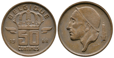 БЕЛЬГИЯ 50 САНТИМОВ 1968 BELGIQUE KM 148.1 бронза 4383-1146