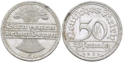 ГЕРМАНИЯ 50 ПФЕННИГОВ 1921 A KM 27, J. 301, Weege 10 алюминий 261-352