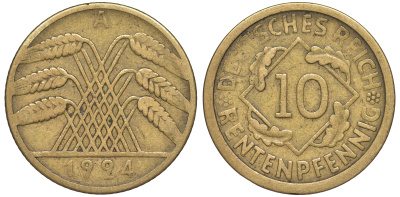 Германия 10 рентенпфеннигов 1924 A KM 33, J. 309 алюминиевая бронза 4604-636