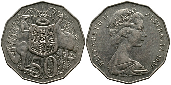 Австралия 50 центов 1980 Елизавета II (1952-2022), герб, кенгуру KM 68 медно-никель 83-1143
