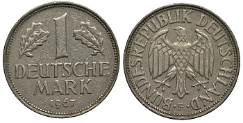 ФРГ 1 марка 1967 F, монетный двор Штутгарт KM 110, J.385 медно-никель 186-835