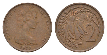 Новая Зеландия 2 цента 1977 Елизавета II (1952-2022), два цветка кохаи KM 32.1 бронза 4655-1147