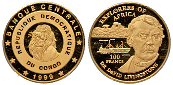 ДР Конго 100 франков 1999 Давид Ливингстон, в слабе PCGS PR 69 DCAM, Probe, пробник KM  позолота  PROOF  15-007-18
