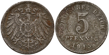 Германия 5 пфеннигов 1915 A KM 19, J. 297 железо плакированная цинком 4189-831