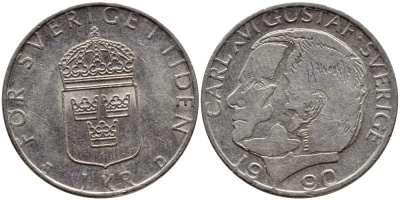 Швеция 1 крона 1990 Карл XVI Густав (1973- ) KM 852a медно-никель 4398-1224