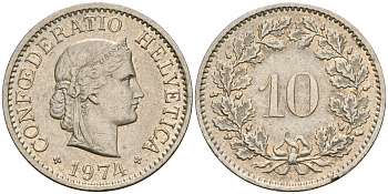 Швейцария 10 раппенов 1974 KM 27 медно-никель 4364-1343