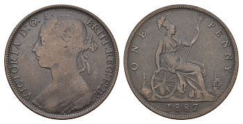 Великобритания 1 пенни 1887 Виктория (1837-1901) KM 755, Spink 3954 бронза 4661-412