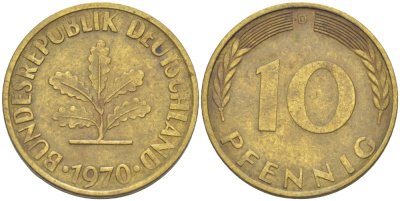 ФРГ 10 ПФЕННИГОВ 1970 D KM 108, J. 383 сталь плакированная латунью 4182-814
