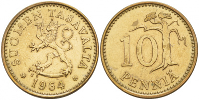 ФИНЛЯНДИЯ 10 ПЕННИ 1964 KM 46 алюминиевая бронза 4548-255