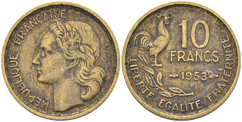 Франция 10 франков 1953 В, петух KM 915.2, Le Franc 363.9 алюминиевая бронза 4511-1221