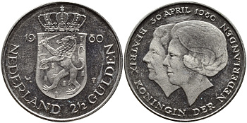 Нидерланды 2 1/2 гульдена 1980 коронация Беатрикс, 30 апреля 1980 KM 201 никель 4389-321