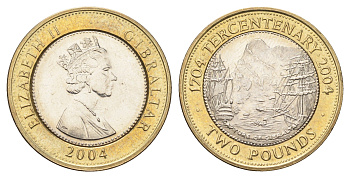 Гибралтар 2 фунта 2004 300 лет захвату Гибралтара KM 1057 биметалл UNC 4667-525