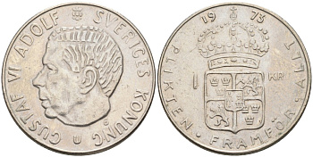 Швеция 1 крона 1973 U, Густав VI Адольф (1950-1973) KM 826а медь плакированная медно-никелем 4557-422