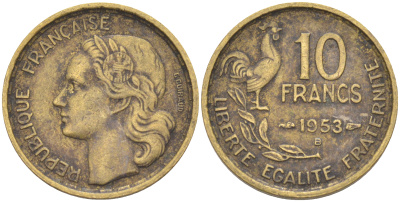 Франция 10 франков 1953 В, петух KM 915.2, Le Franc 363.9 алюминиевая бронза 4511-1221