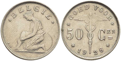 БЕЛЬГИЯ 50 САНТИМОВ 1928 BELGIE, АЛЬБЕРТ I (1909-1934) KM 88 никель 206-128