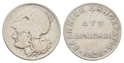 Греция 2 драхмы 1926 Афина в коринфском шлеме, год-тип KM 70 медно-никель 4670-124