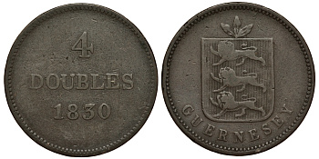 Гернси 4 дабла (дубля) 1830 KM 2 медь 650-114
