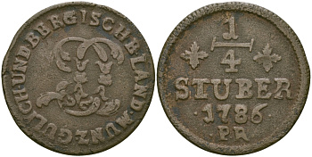 Юлих-Берг 1/4 штюбера 1786 PR KM 205 медь 65-747
