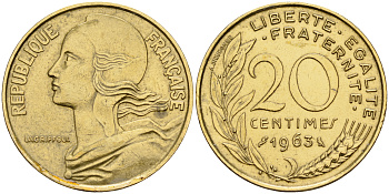 Франция 20 сантимов 1963 тип Марианна KM 930 медь алюминий никель    4153-354