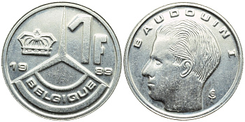 Бельгия 1 франк 1989 Belgique, Бодуэн I (1951-1993) KM 170 железо плакированное никелем 4392-862